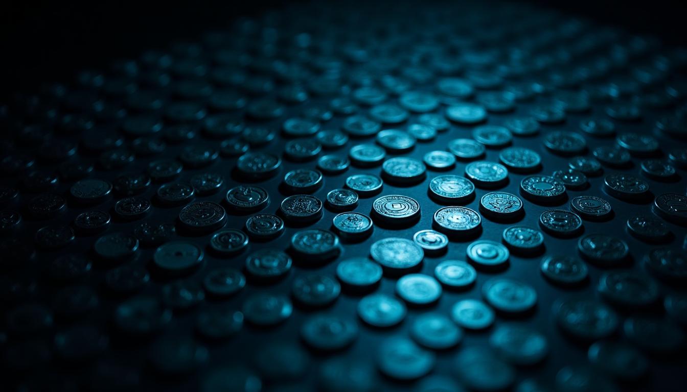 A dense grid of small metal tokens on black, roughly a third catching the light