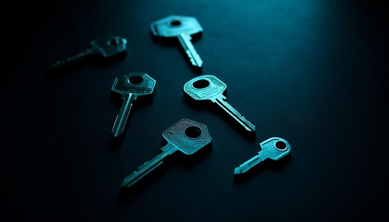 Many identical unlabelled keys overlapping on black, one lit and the rest in shadow