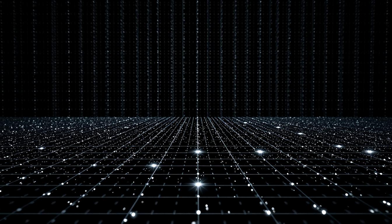 A vast dark grid seen in perspective with a scattered few cells glowing white