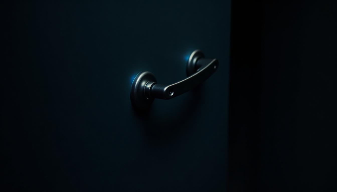 A single dark door handle lit from one side, the door slightly ajar with nothing behind it