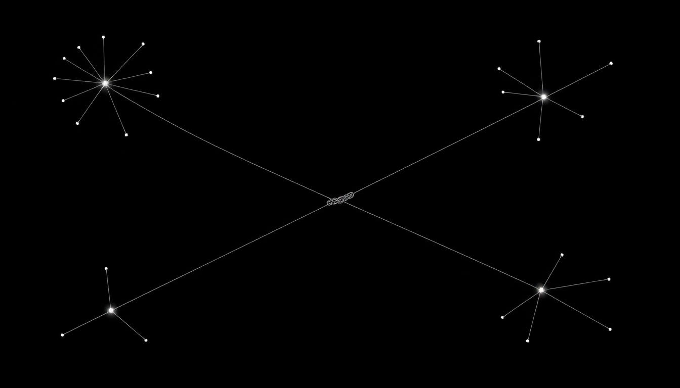 Four separate constellations of white points weaving into one braided channel