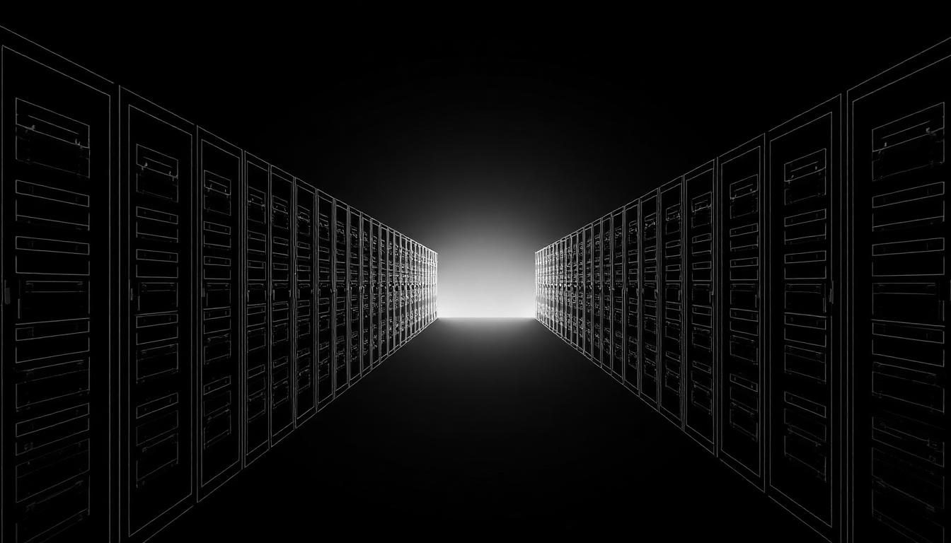 Rows of dark server outlines, less than a third lit, the rest fading into black