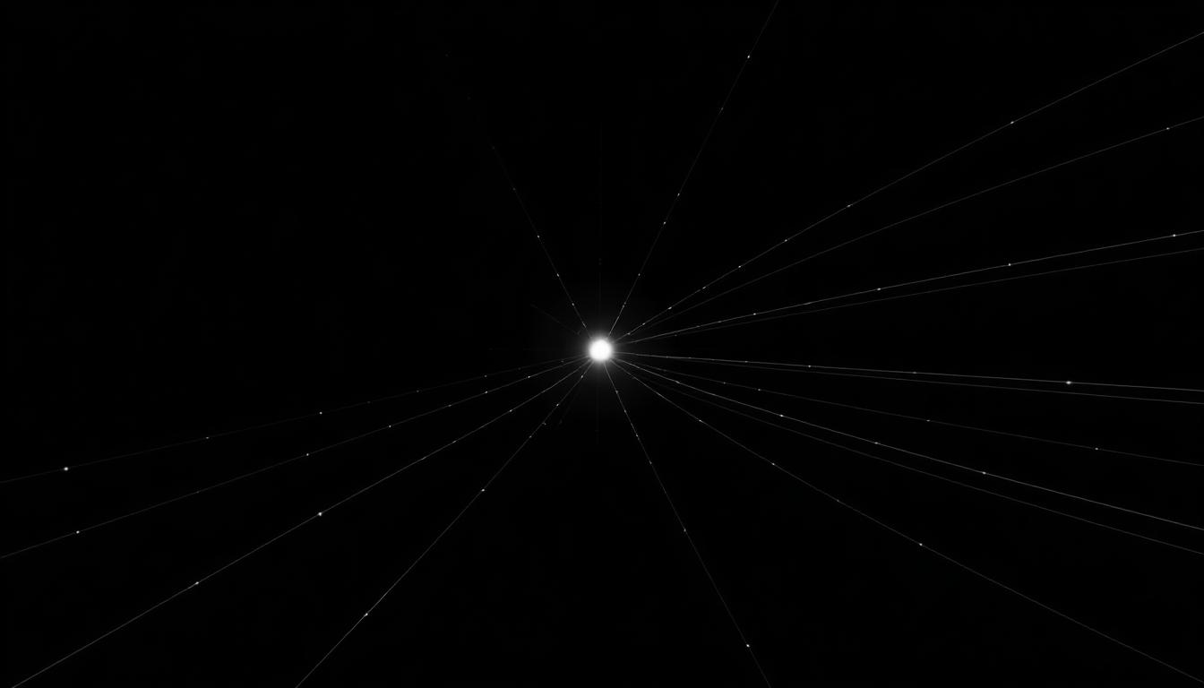 A single luminous node broadcasting thin signal lines outward across black