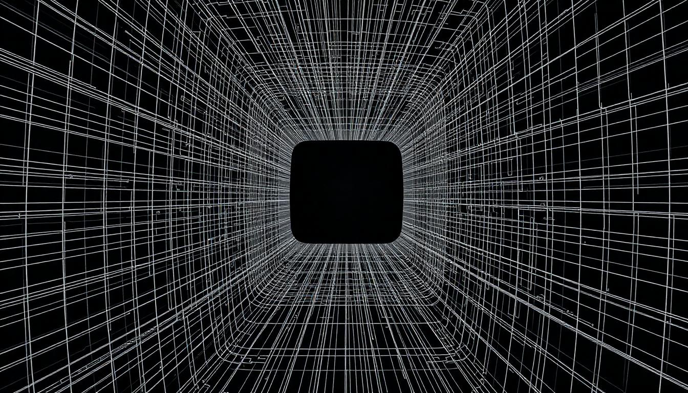 A dark lattice of fine white lines converging toward a single bright aperture